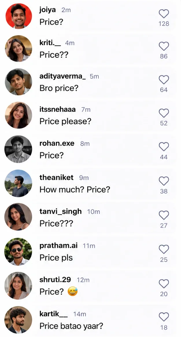 Ten more comments asking the same thing: Price?, Bro price?, Price please?, Price batao yaar?